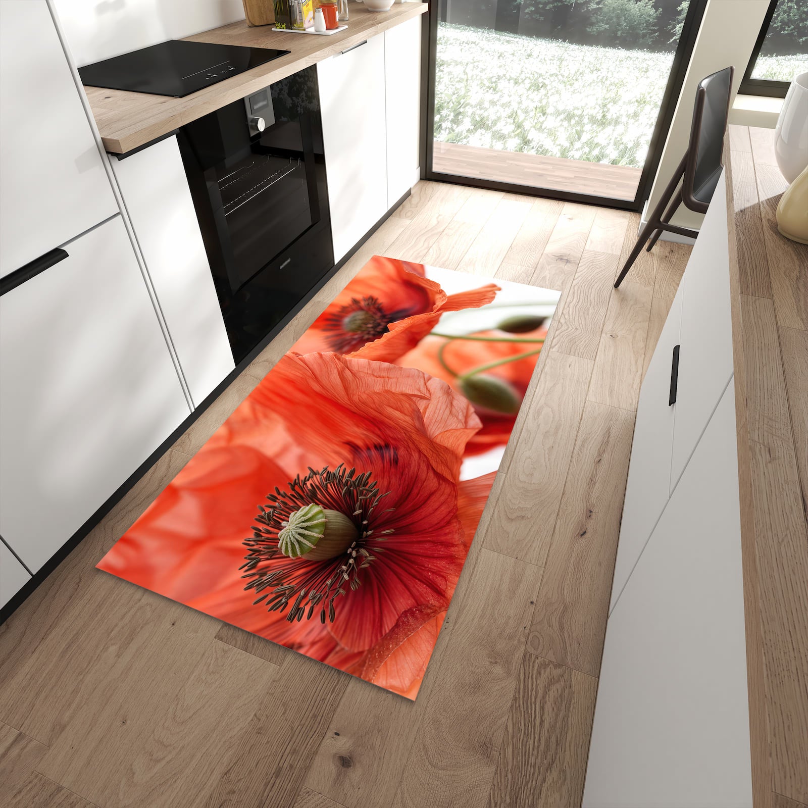 Bodenschonender waschbarer Läufer für die Küche mit Motiv Mohnblüten in moderner Küche