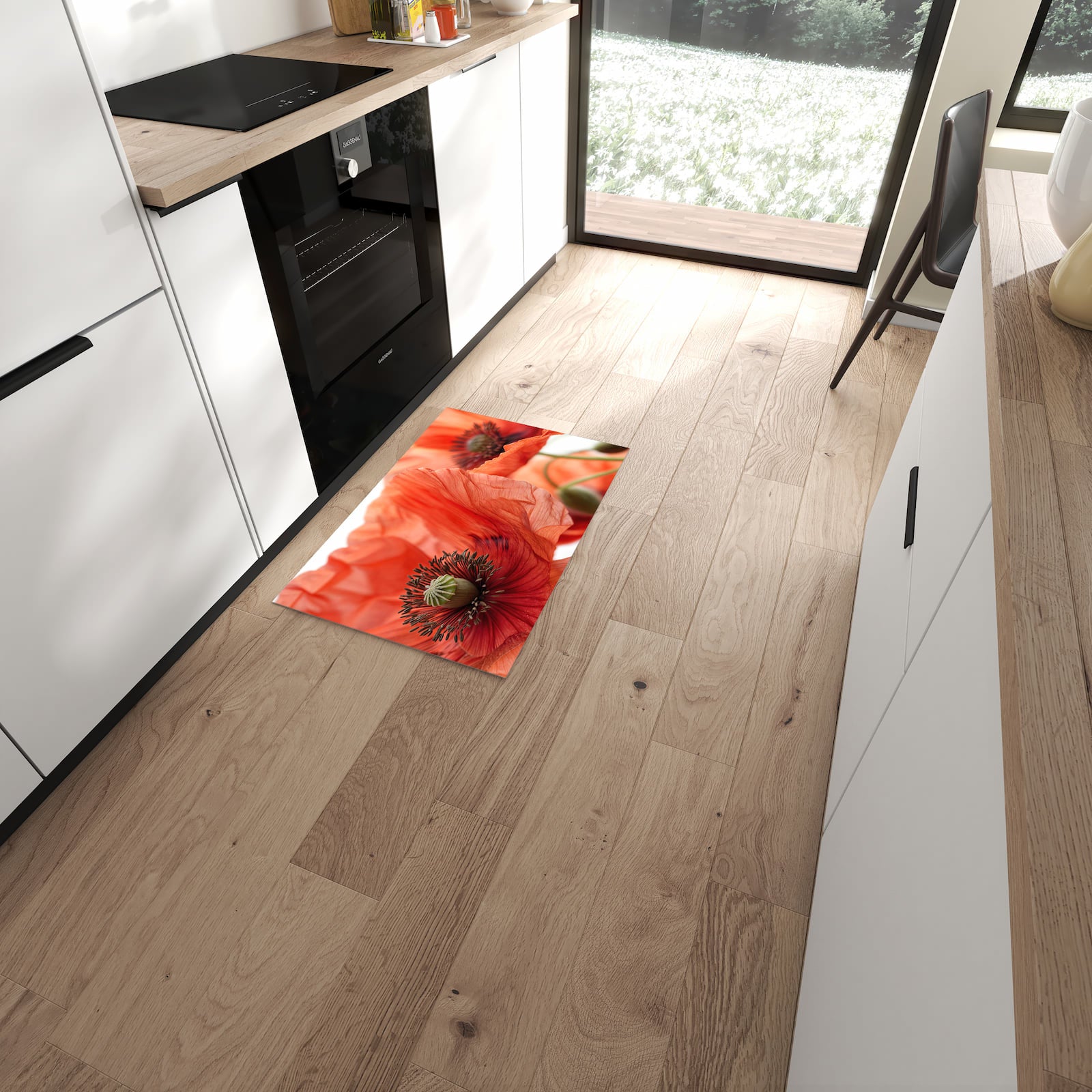 Strapazierfähiger Küchenvorleger mit Motiv Mohnblüten in moderner Küche