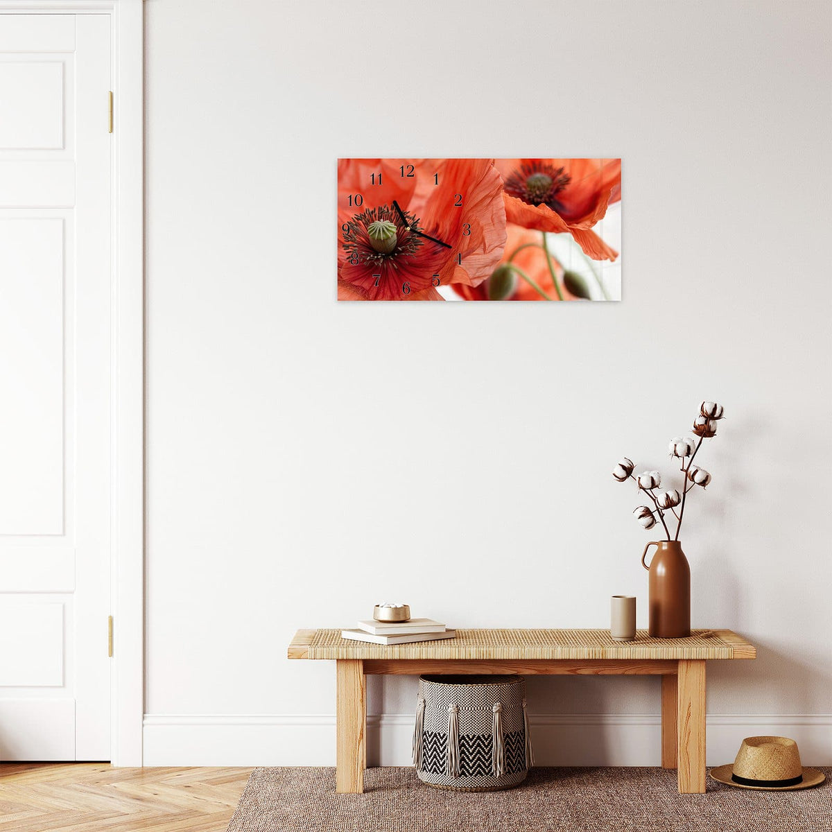 Moderne Wanduhr aus Glas mit Farbtiefe – Wanduhr Mohnblüten aus Glas – Querformat 60 × 30 cm
