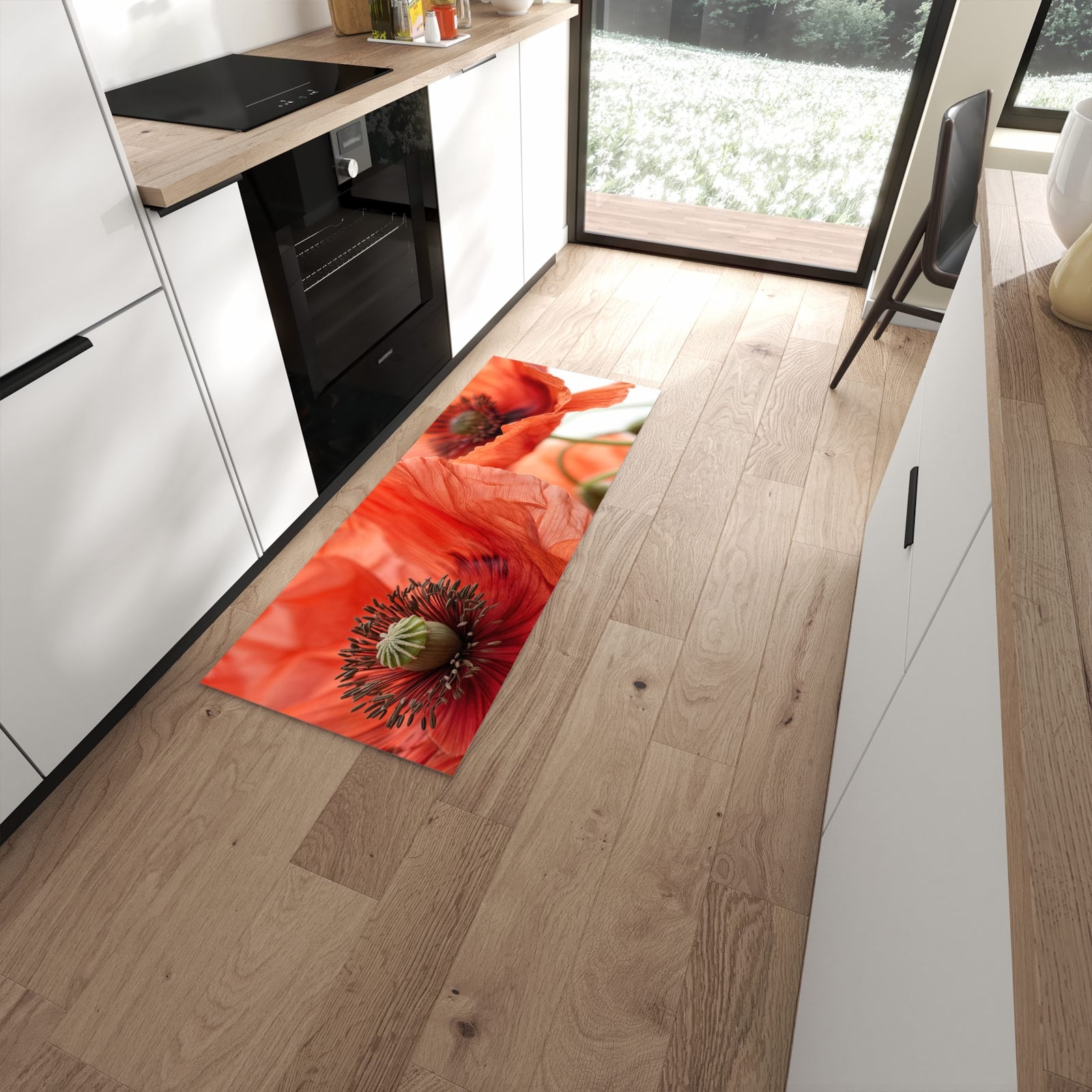 Komfortabler Küchenteppich mit Motiv Mohnblüten in moderner Küche #grösse_60 x 150 cm