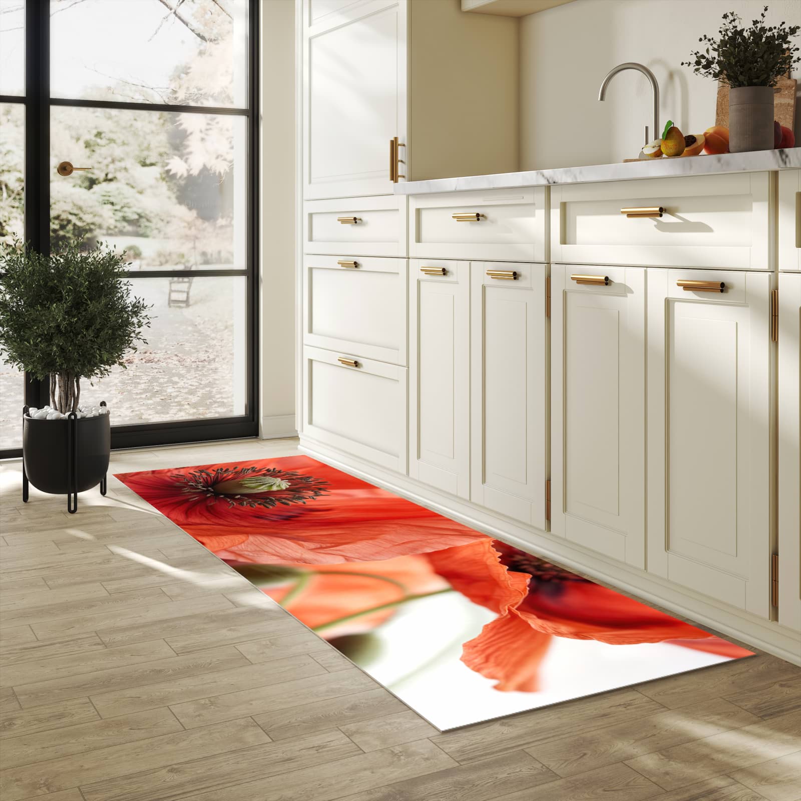 Flacher rutschfester Küchenteppich mit Motiv Mohnblüten in heller Küche