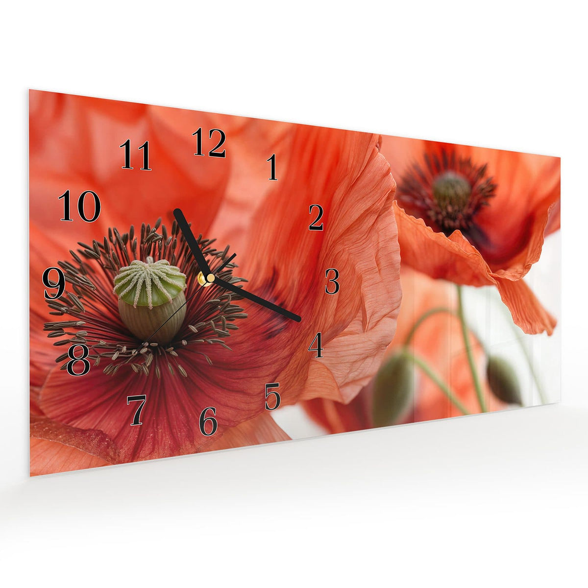 Vormontiert – mit Schwebeeffekt – Wanduhr Mohnblüten aus Glas – Querformat 60 × 30 cm