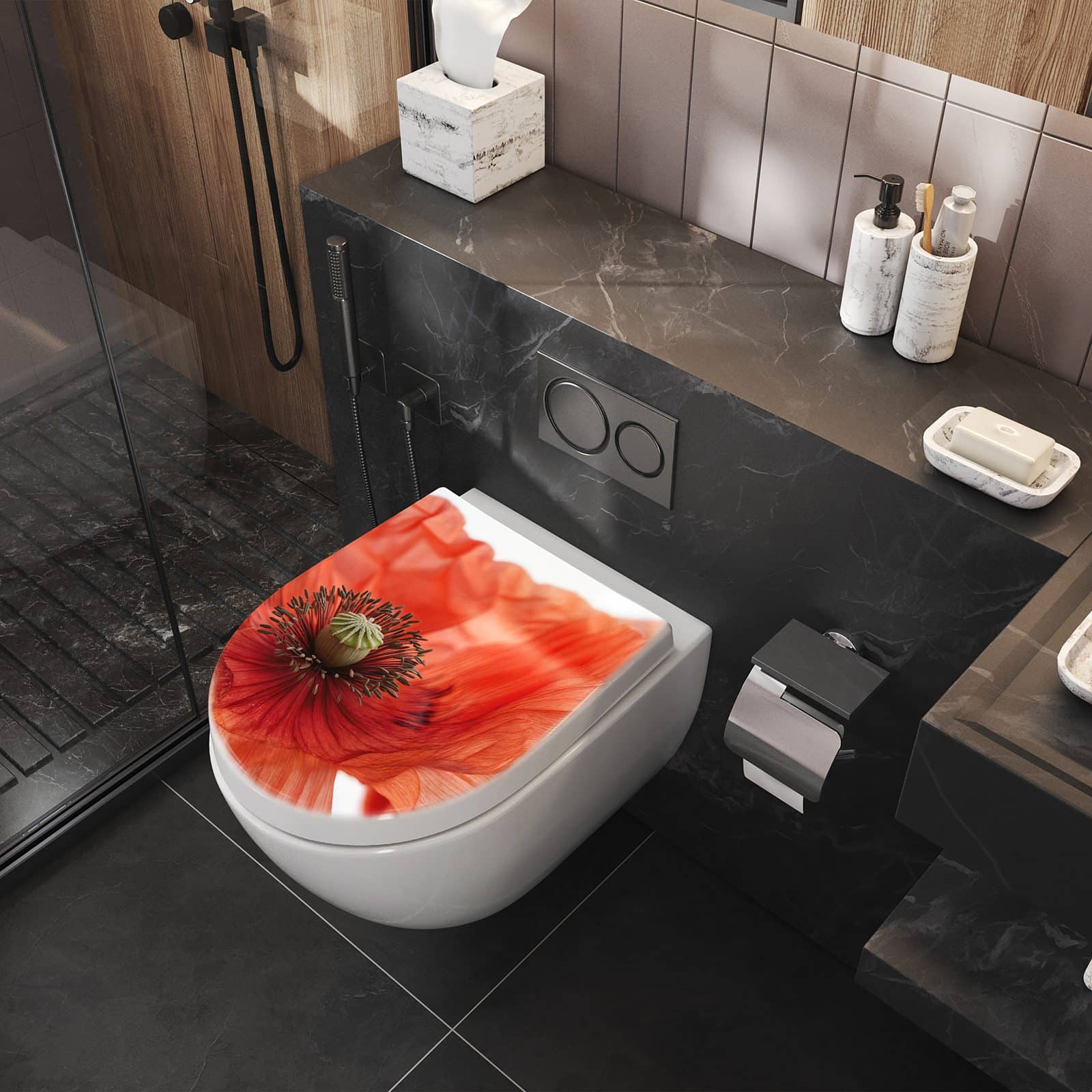 WC-Sitz mit Absenkautomatik Mohnblüten