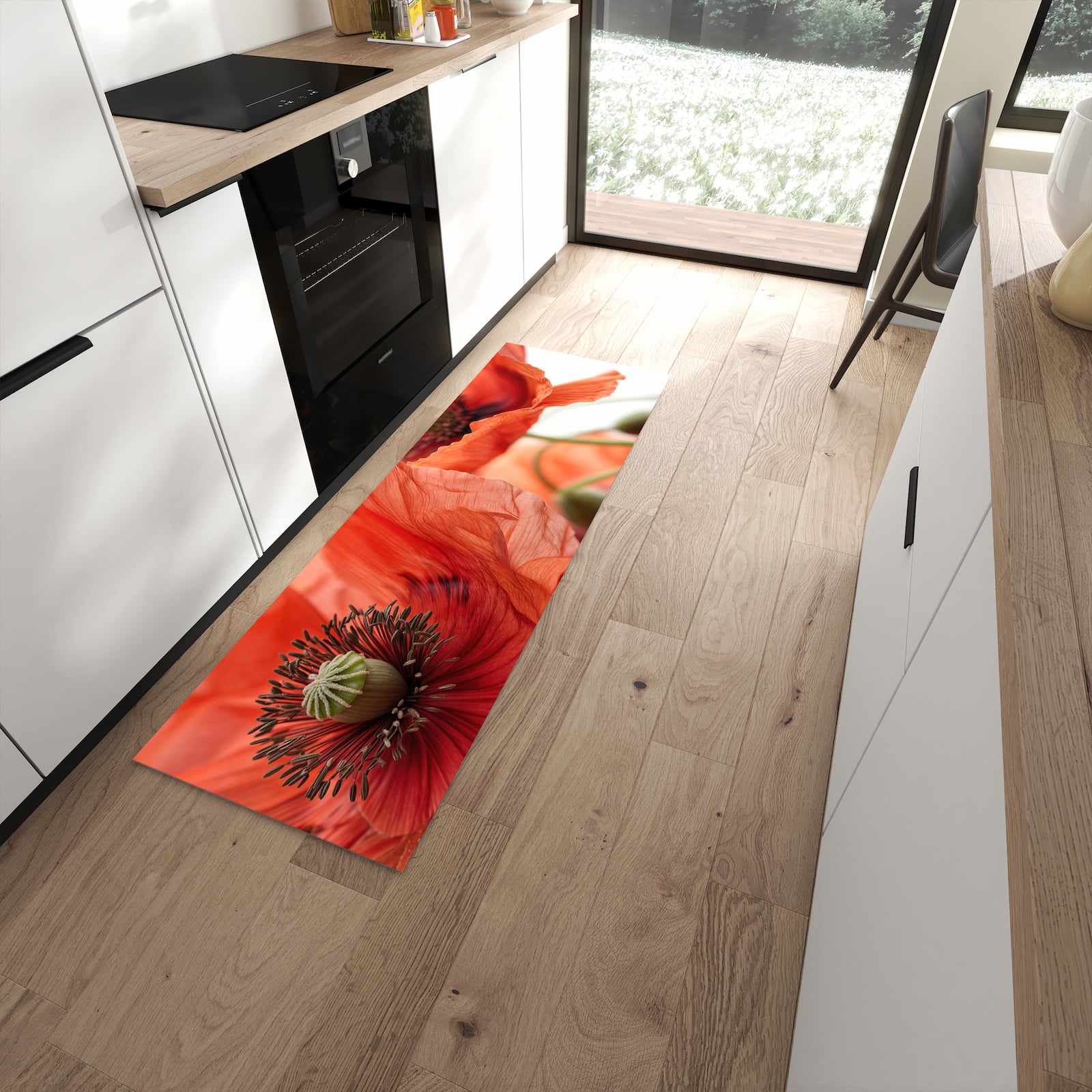 Rutschfester Küchenläufer mit Motiv Mohnblüten in moderner Küche