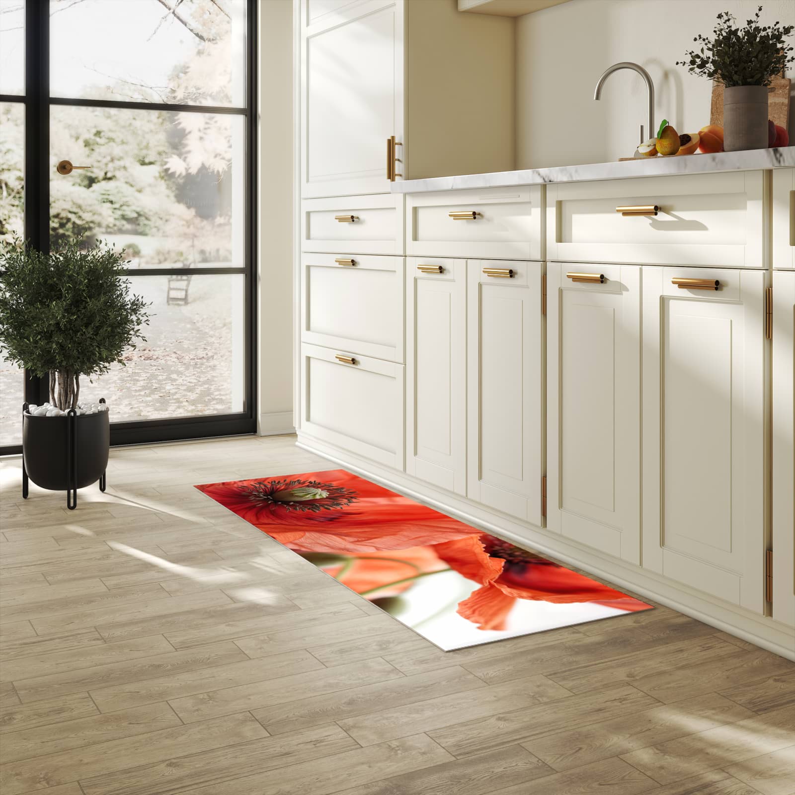 Waschbarer Küchenläufer mit Motiv Mohnblüten für Trittkomfort in heller Küche