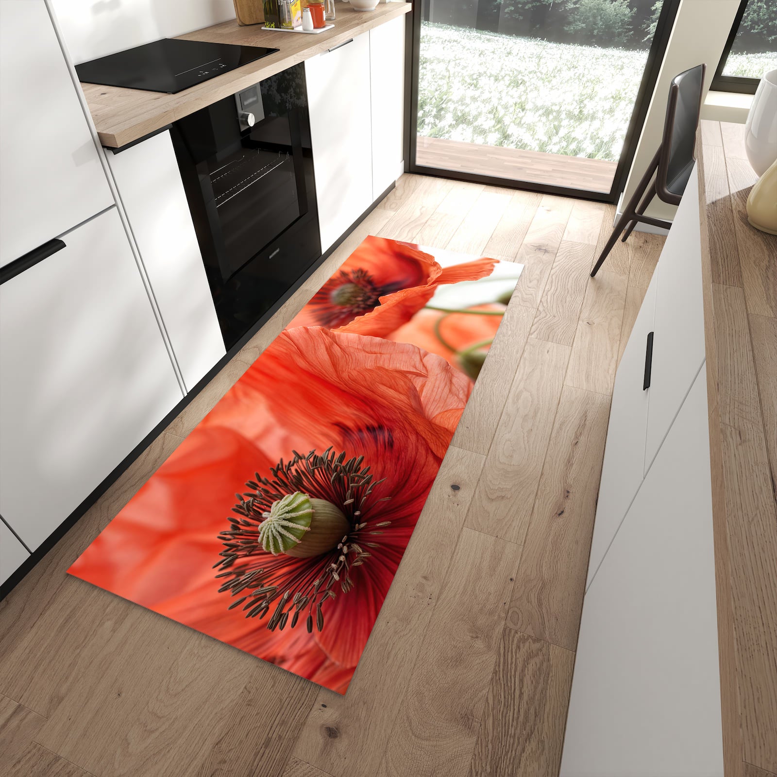 Waschbarer Küchenteppich mit Motiv Mohnblüten in moderner Küche