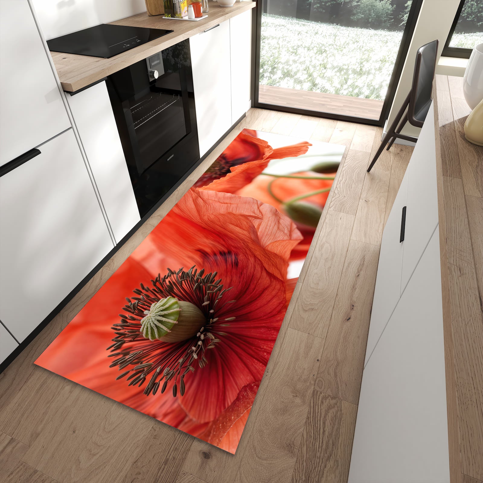 Waschbarer Küchenläufer mit Motiv Mohnblüten für Ordnung in moderner Küche