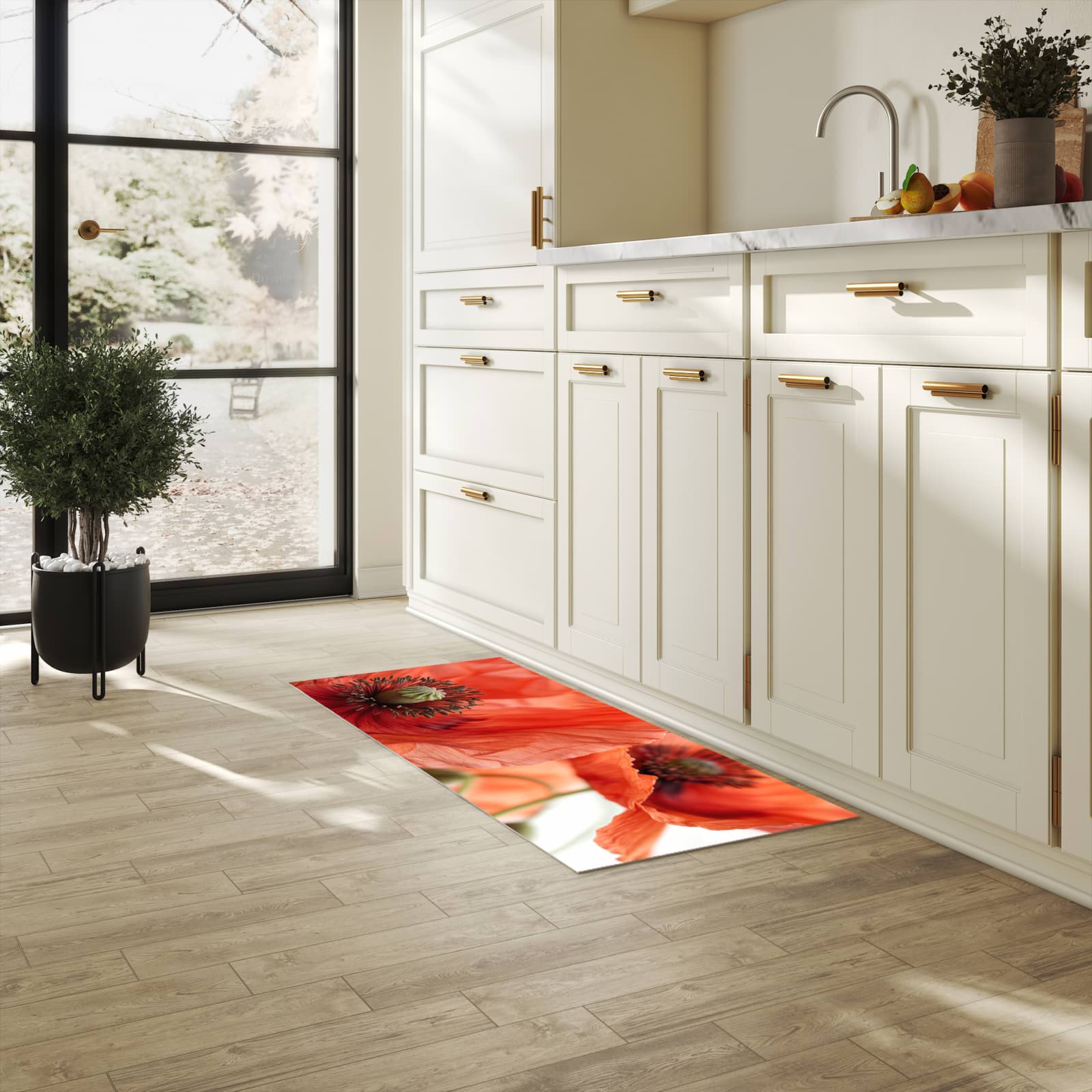 UV-beständiger Teppichläufer mit Motiv Mohnblüten in heller Küche