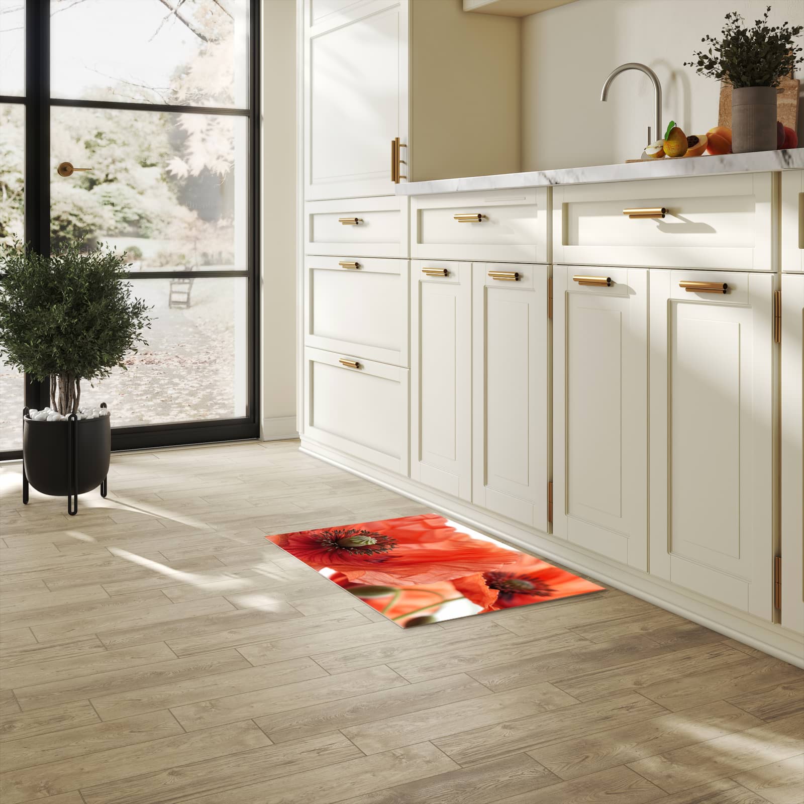 Geruchsneutraler rutschfester Läufer mit Motiv Mohnblüten in heller Küche