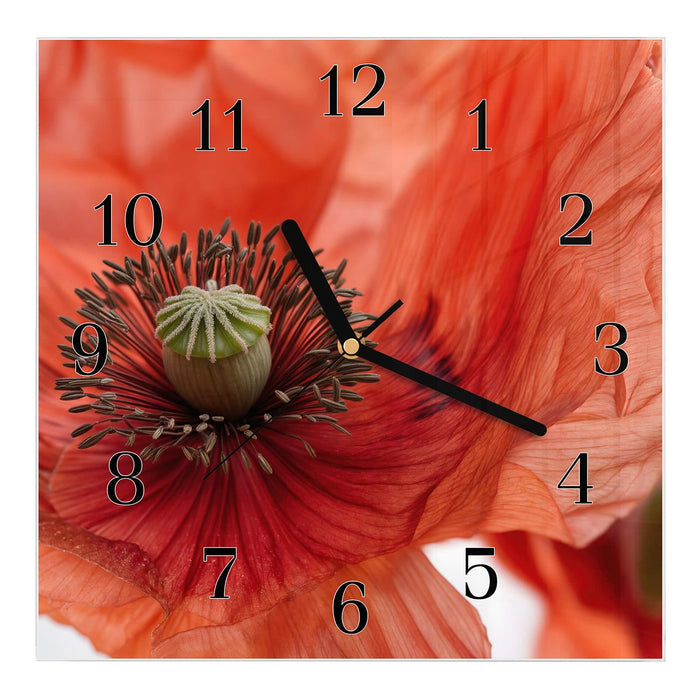 Wanduhr Mohnblüten aus Glas – Quadratisch 30 × 30 cm mit Ziffernblatt Klassisch