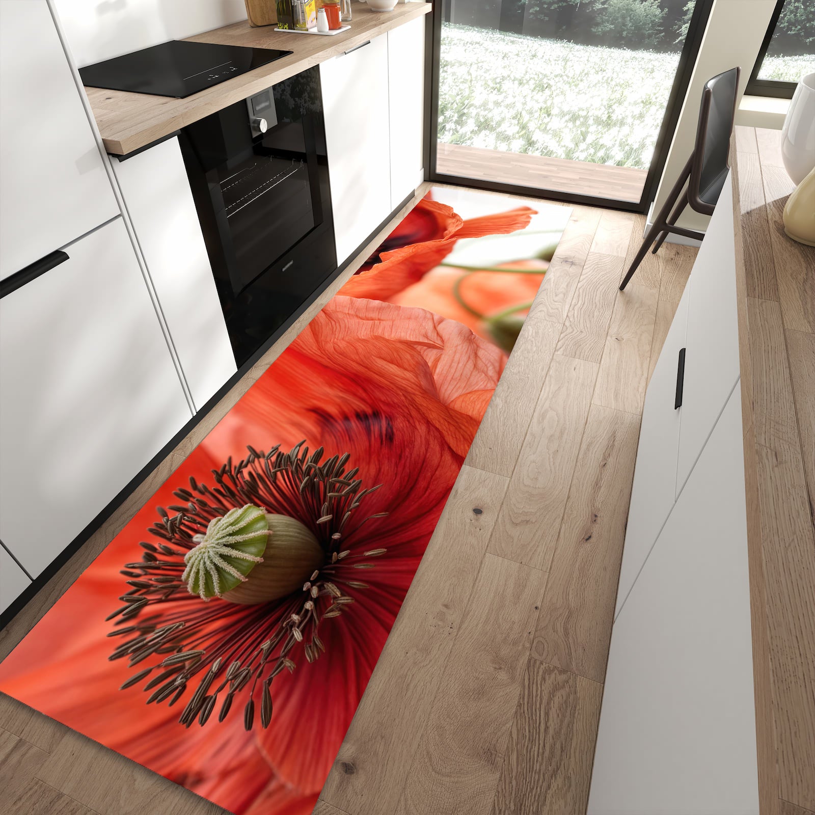 Feuchtigkeitsresistenter Teppichläufer mit Motiv Mohnblüten in moderner Küche