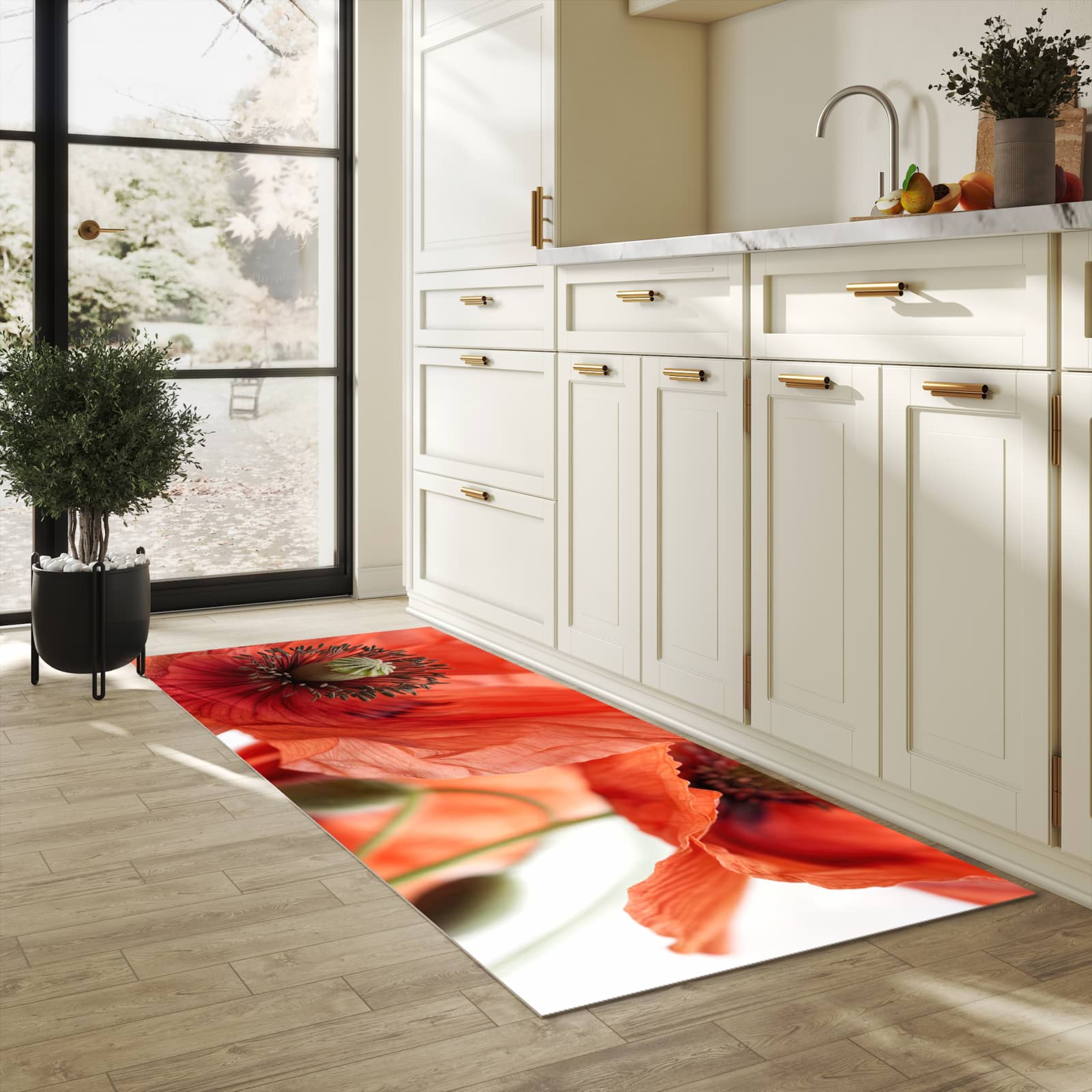 Pflegeleichter rutschfester Küchenteppich mit Motiv Mohnblüten in heller Küche