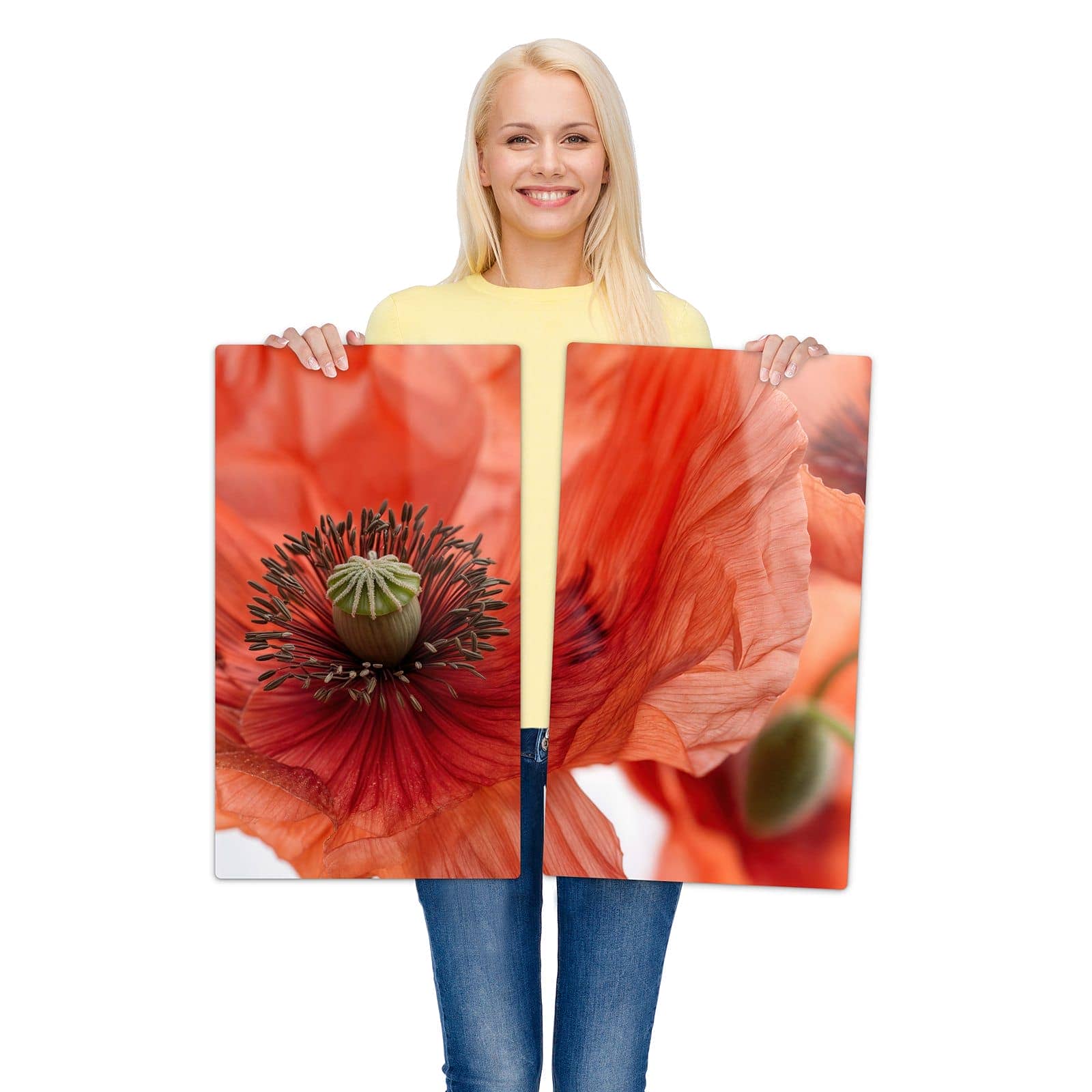 2-teilige Ceranfeldabdeckungen mit Mohnblüten-Motiv werden zur Größendarstellung gehalten