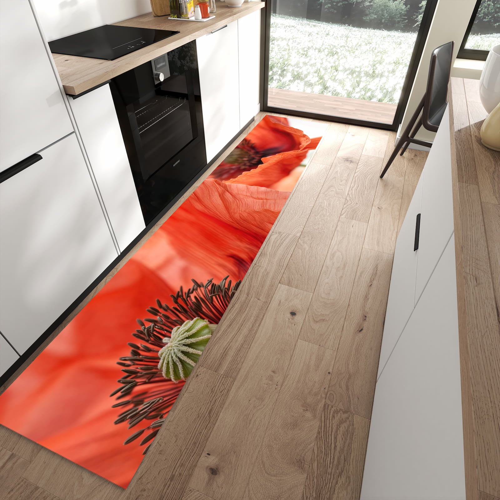 Hygienischer Küchenteppich mit Motiv Mohnblüten in moderner Küche