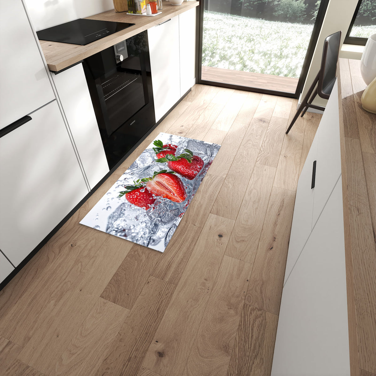 Formstabiler rutschfester Küchenläufer mit Motiv Erdbeeren im Wasser in moderner Küche #grösse_60 x 120 cm