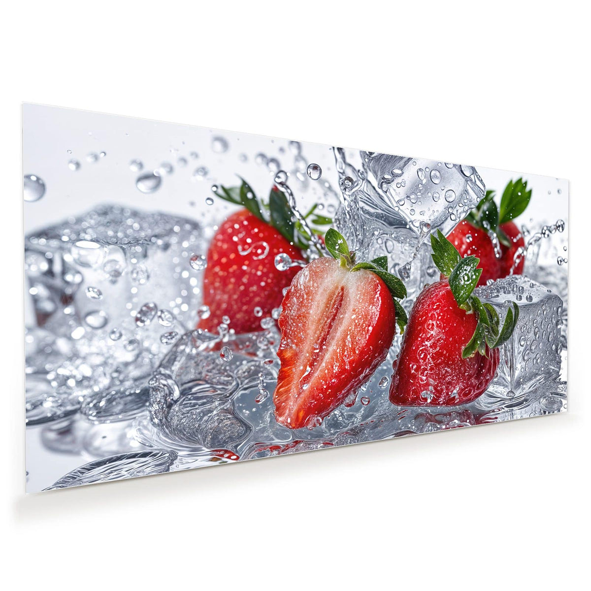 Erdbeeren, eine davon halbiert, mit Eiswürfeln im aufspritzenden Wasser vor Weiß
