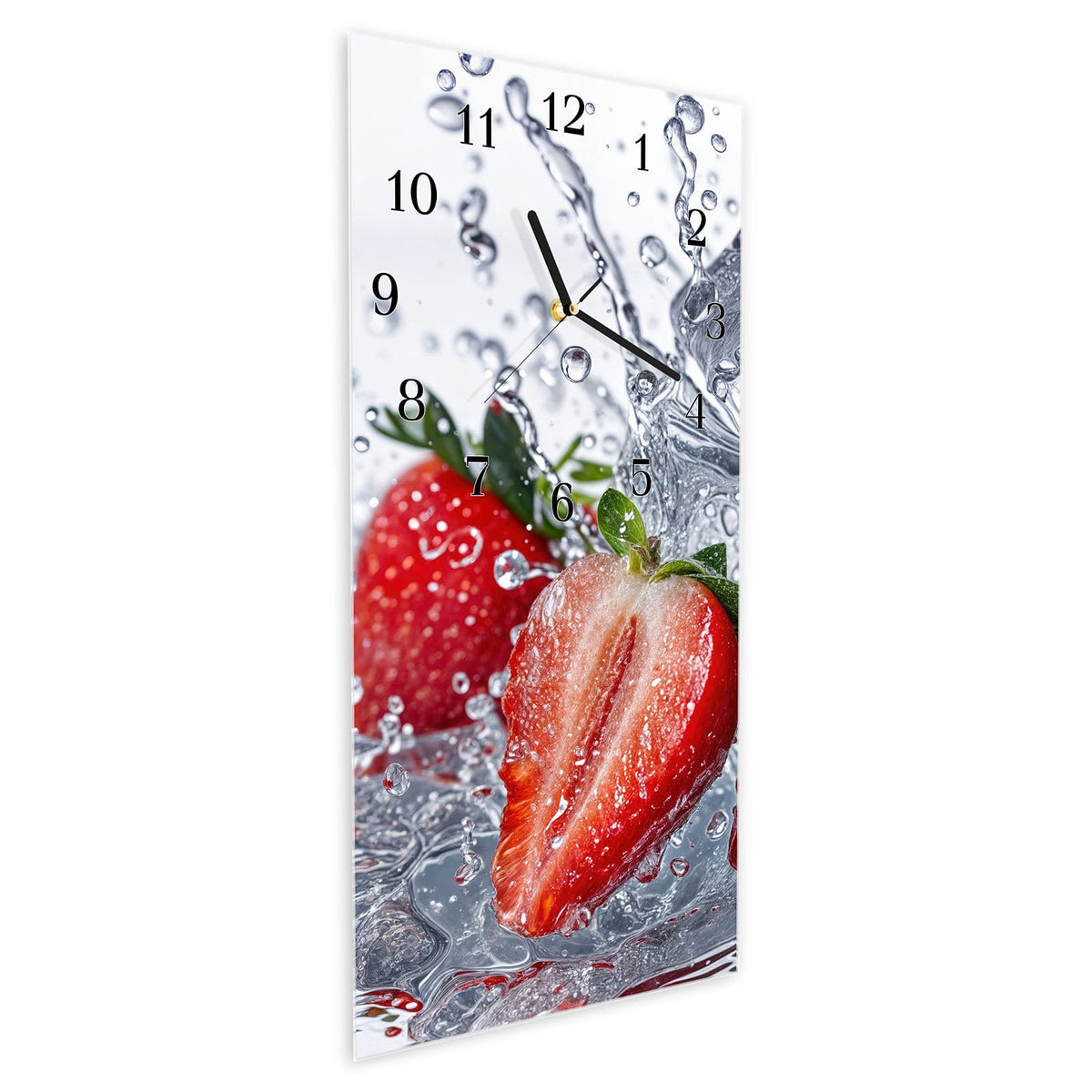 Vormontiert – mit Schwebeeffekt – Wanduhr Erdbeeren im Wasser aus Glas – Hochformat 30 × 60 cm