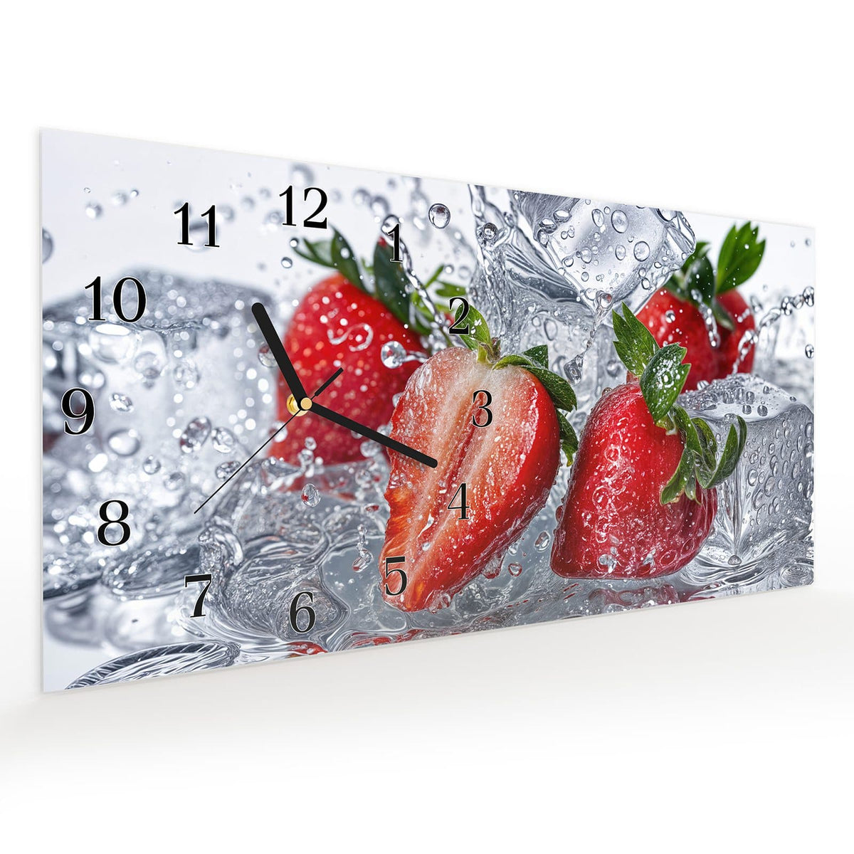 Vormontiert – mit Schwebeeffekt – Wanduhr Erdbeeren im Wasser aus Glas – Querformat 60 × 30 cm
