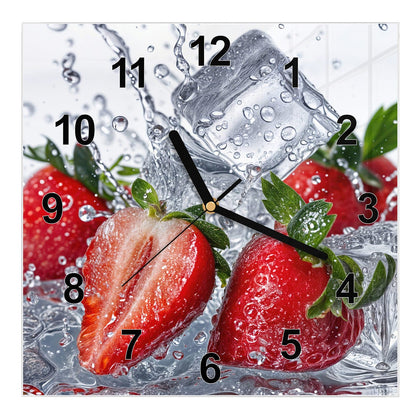Wanduhr Quadratisch mit dem Motiv Erdbeeren auf Eis