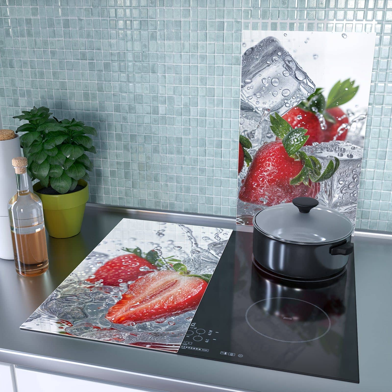 2-teilige Abdeckplatten für Ceranfeld mit Erdbeeren im Wasser-Motiv als Spritzschutz hinter dem Kochfeld