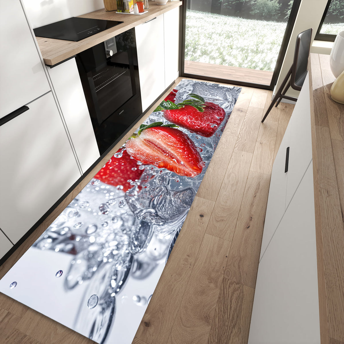 Geruchsneutraler Küchenteppich mit Motiv Erdbeeren im Wasser in moderner Küche
