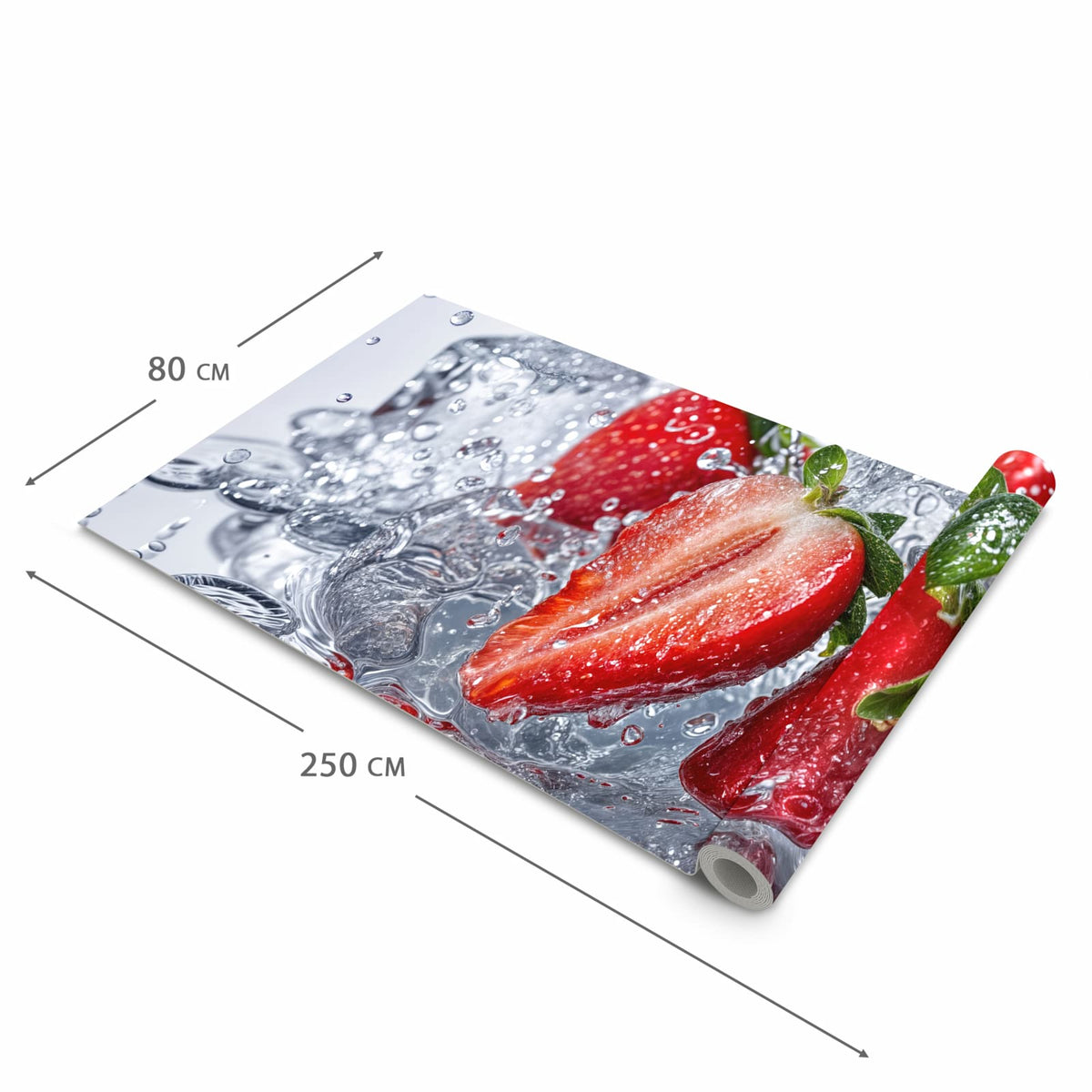 Küchenteppich mit Motiv Erdbeeren im Wasser in der Grösse 80x200 cm zum sicheren Aufbewahren