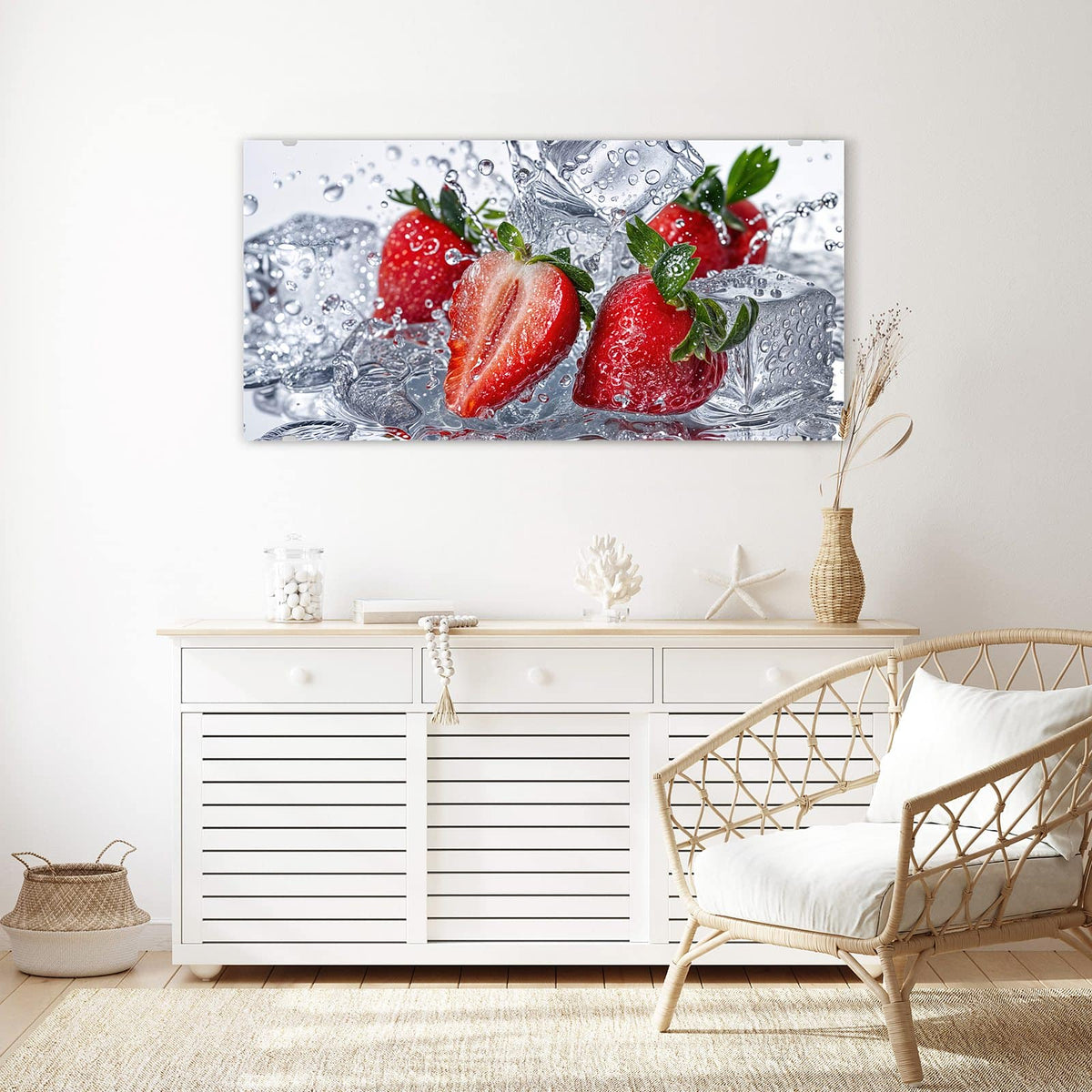 Echtglas, 4 mm – kein Acryl, keine Folie – Wandbild - Erdbeeren auf Eis - Querformat