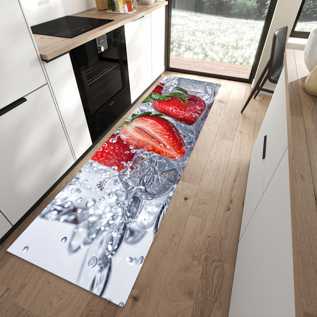 Schmutzabweisender Küchenteppich mit Motiv Erdbeeren im Wasser in moderner Küche