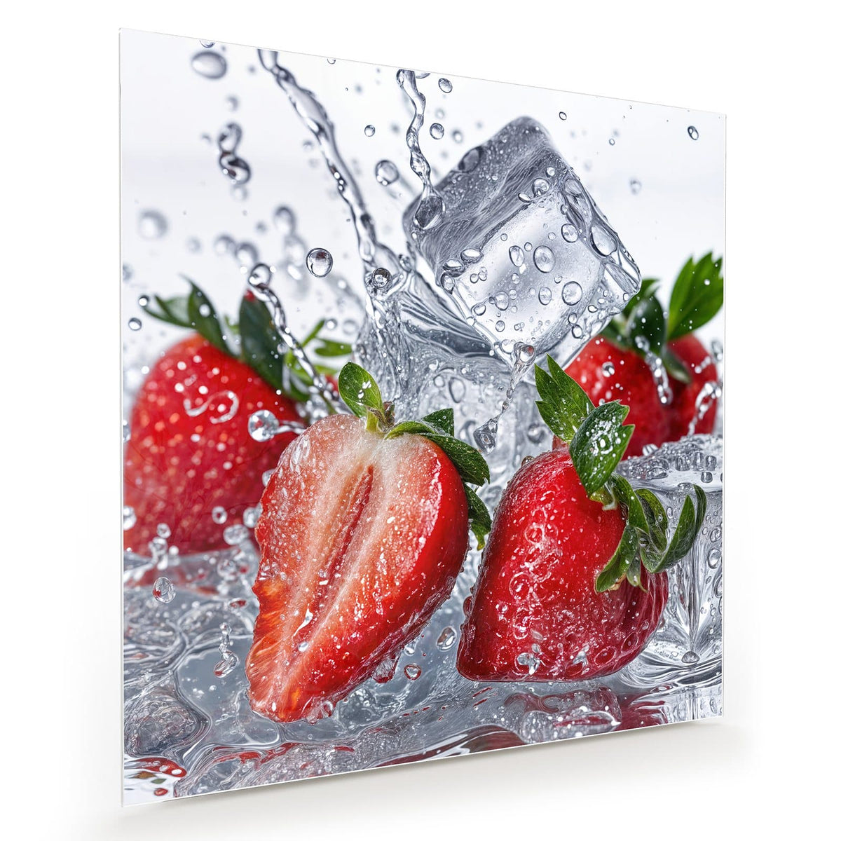 Erdbeeren, eine davon halbiert, mit Eiswürfeln im aufspritzenden Wasser vor Weiß