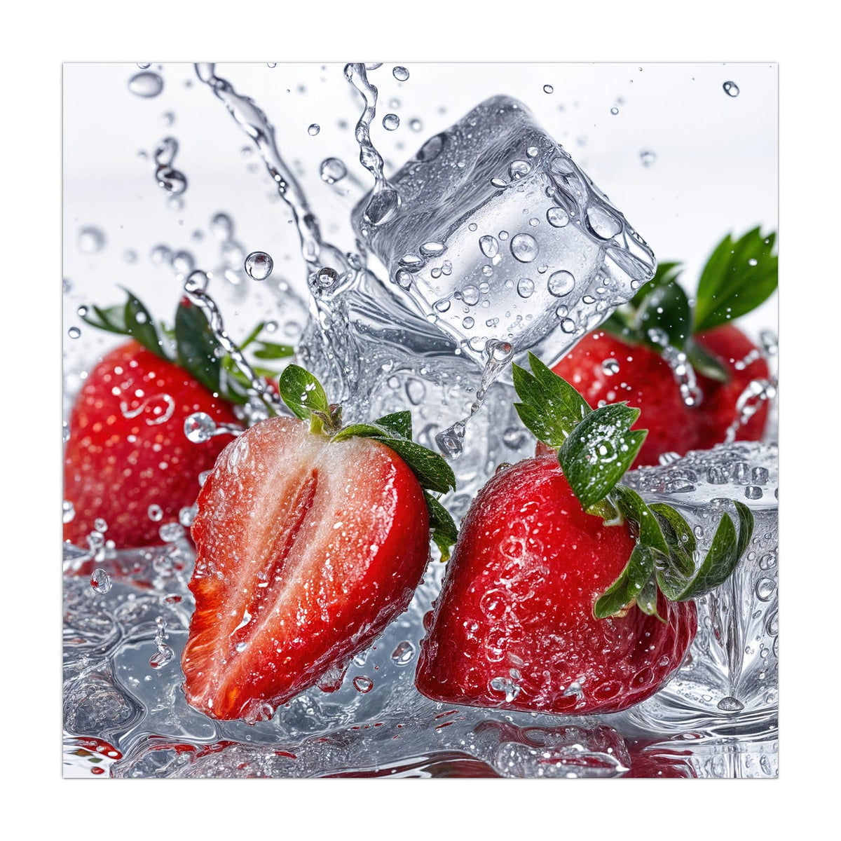 Erdbeeren, eine davon halbiert, mit Eiswürfeln im aufspritzenden Wasser vor Weiß
