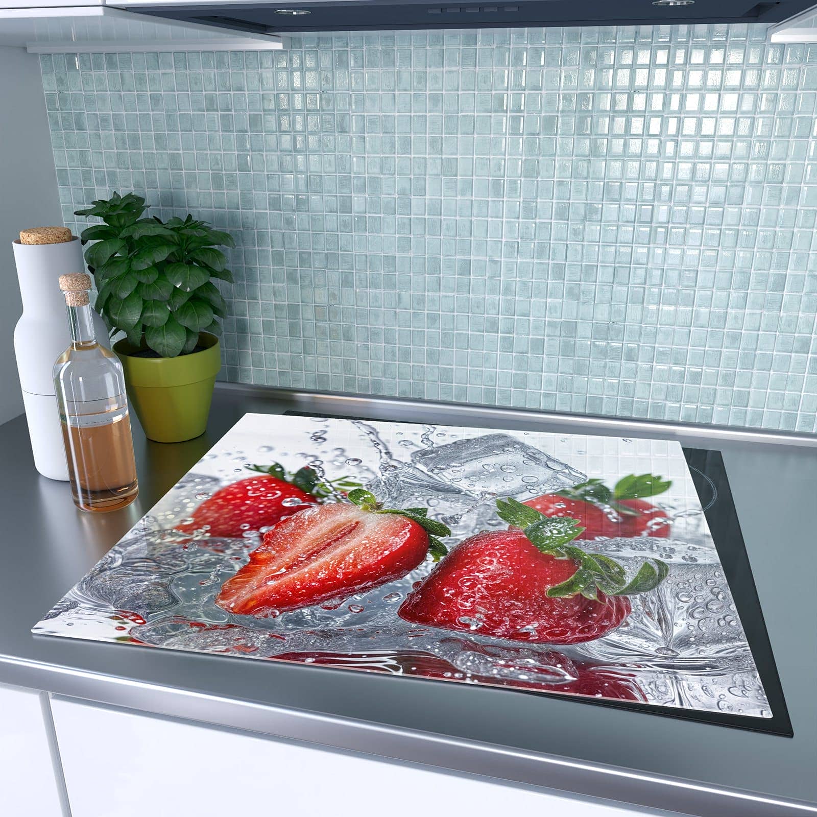 1-teilige Herdabdeckung mit Erdbeeren im Wasser-Motiv auf dem Ceranfeld