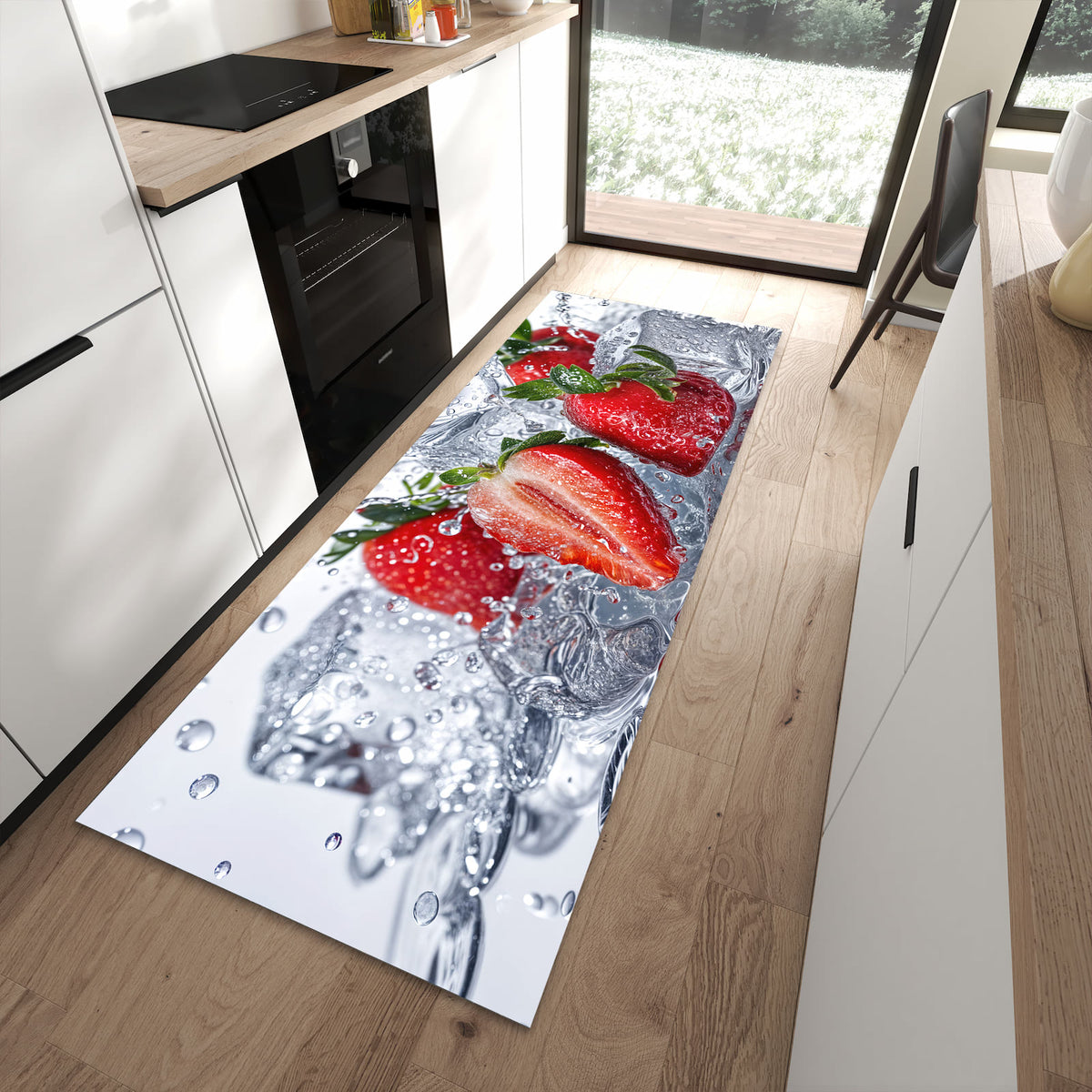 Flacher Küchenteppich mit Motiv Erdbeeren im Wasser in moderner Küche
