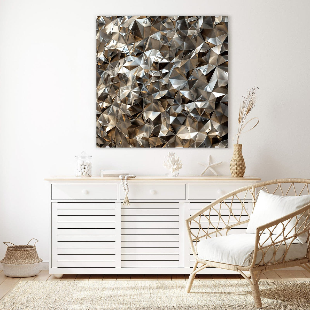 Echtglas, 4 mm – kein Acryl, keine Folie – Wandbild - Facetten in Silber - Quadratisch