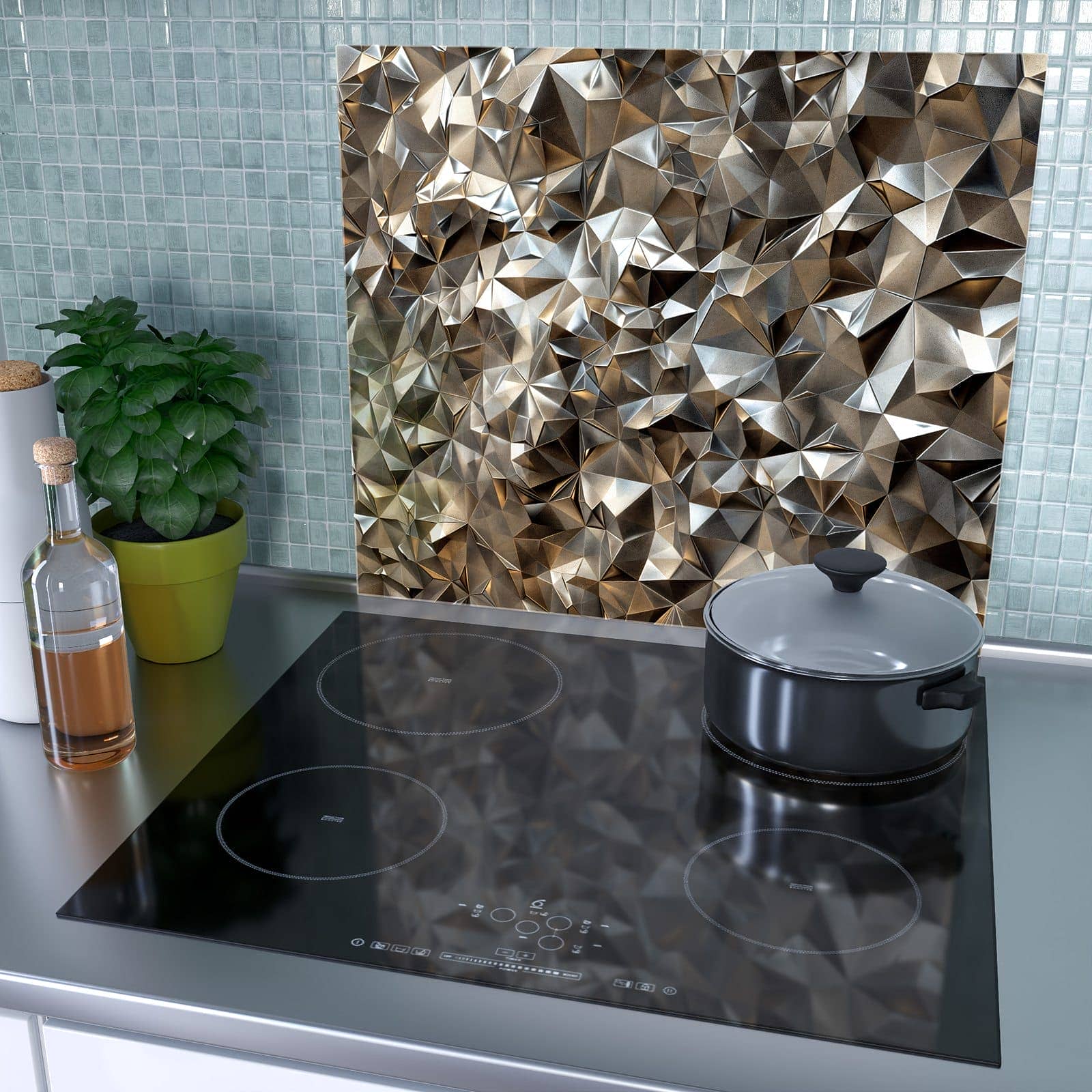 1-teilige Abdeckplatte Induktionsherd mit Geometrisches Muster-Motiv als Spritzschutz hinter dem Kochfeld