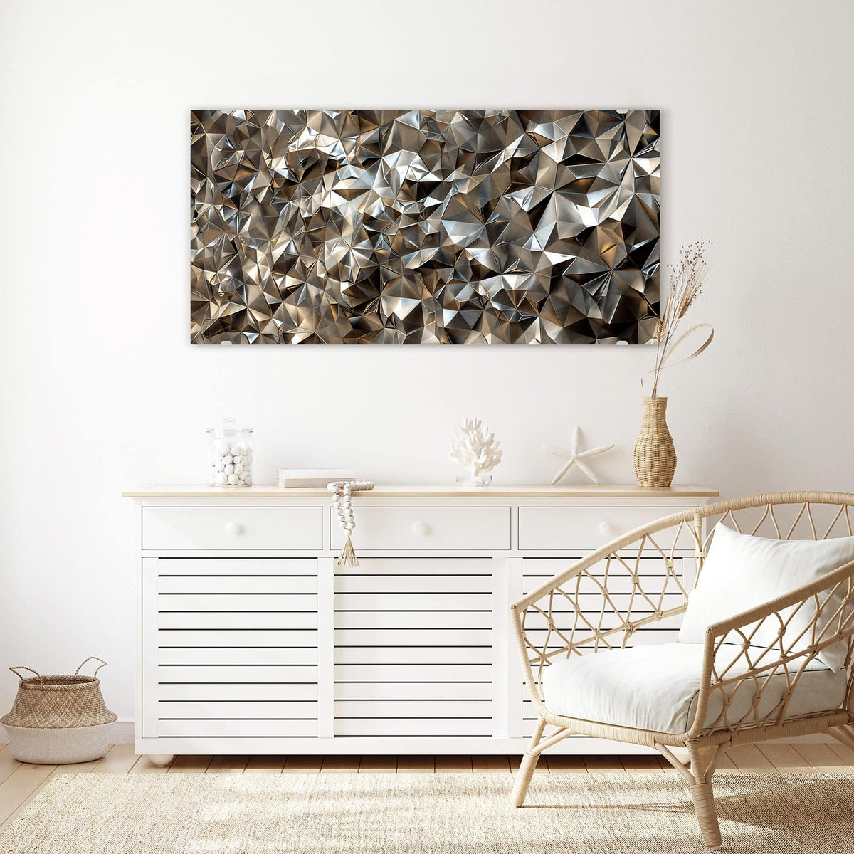 Echtglas, 4 mm – kein Acryl, keine Folie – Wandbild - Facetten in Silber - Querformat