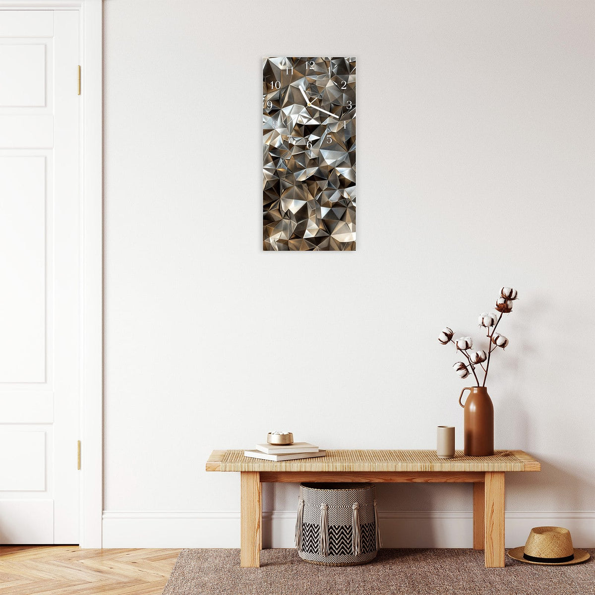 Moderne Wanduhr aus Glas mit Farbtiefe – Wanduhr Geometrisches Motiv aus Glas – Hochformat 30 × 60 cm