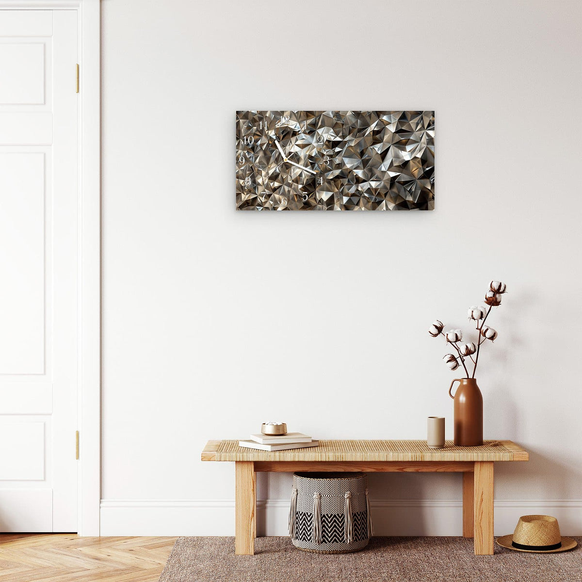 Moderne Wanduhr aus Glas mit Farbtiefe – Wanduhr Geometrisches Motiv aus Glas – Querformat 60 × 30 cm