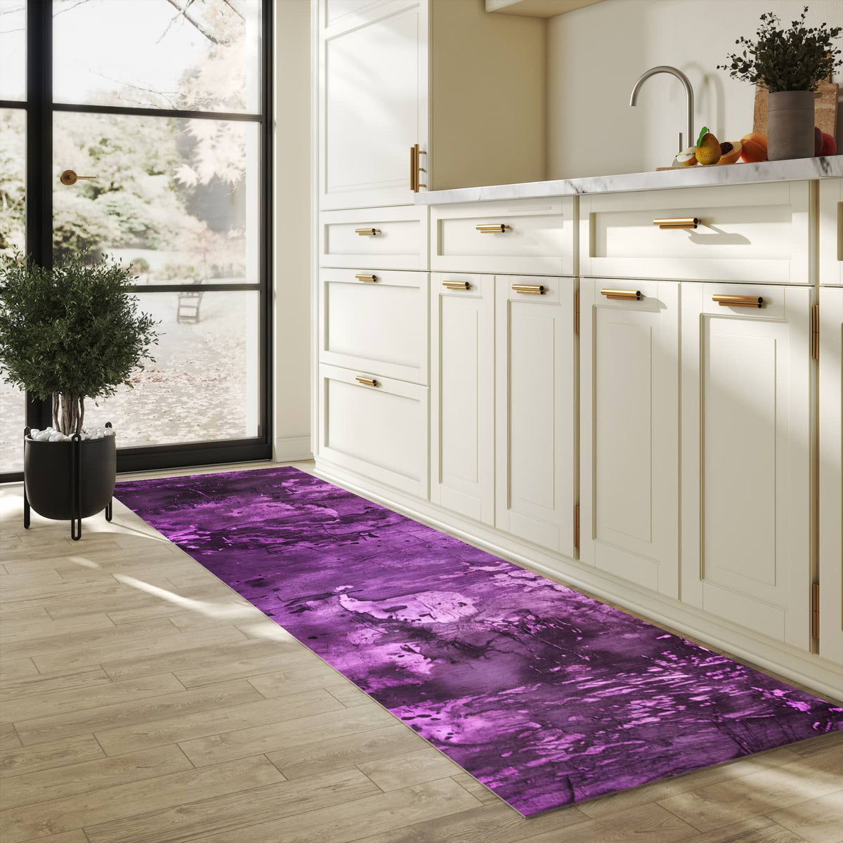 Abwaschbarer Küchenteppich mit Motiv Abstrakte Wand in heller Küche