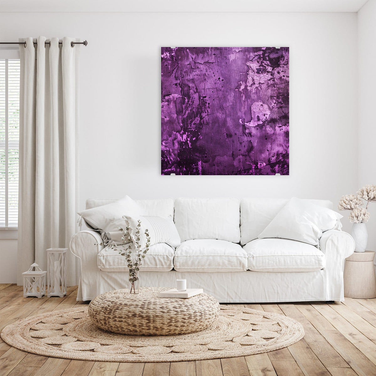 Glasbild Violetter Putz an der Wand – Raue Wandfläche in Violett und Magenta mit hellen Abplatzungen