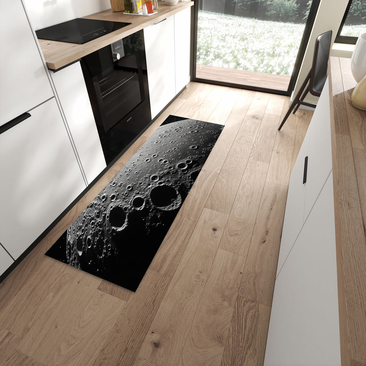 Abriebfester Küchenteppich mit Motiv Mondoberfläche in moderner Küche