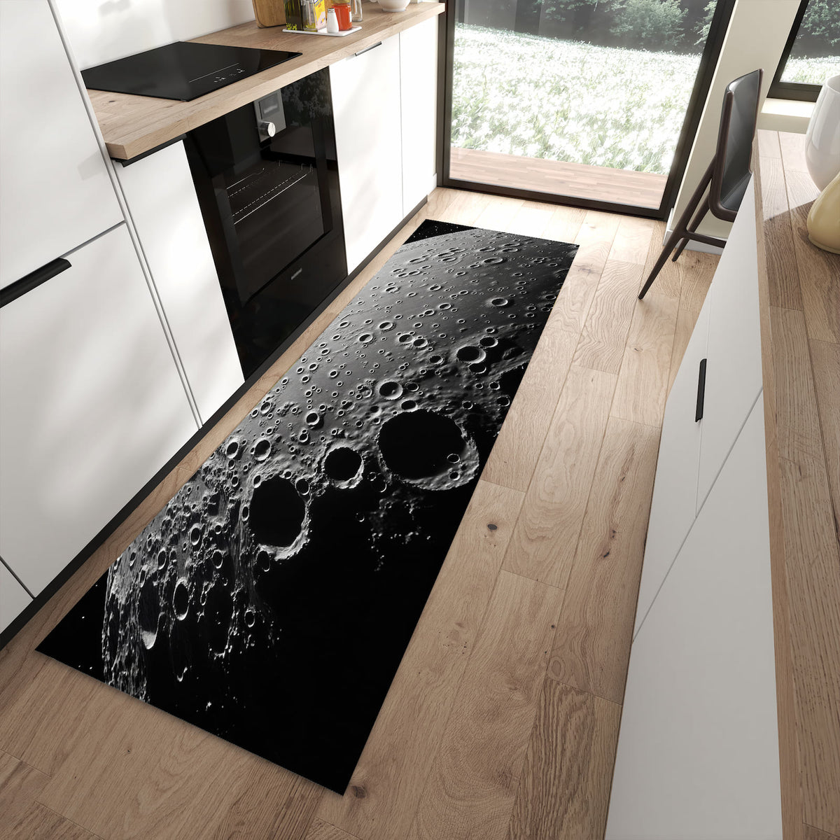 Geruchsneutraler Bodenläufer Teppich mit Motiv Mondoberfläche in moderner Küche
