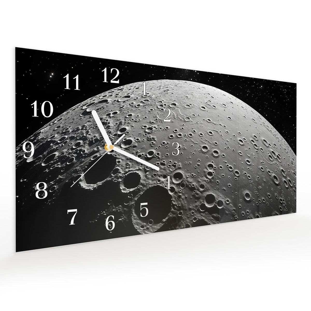 Vormontiert – mit Schwebeeffekt – Wanduhr Mondoberfläche aus Glas – Querformat 60 × 30 cm