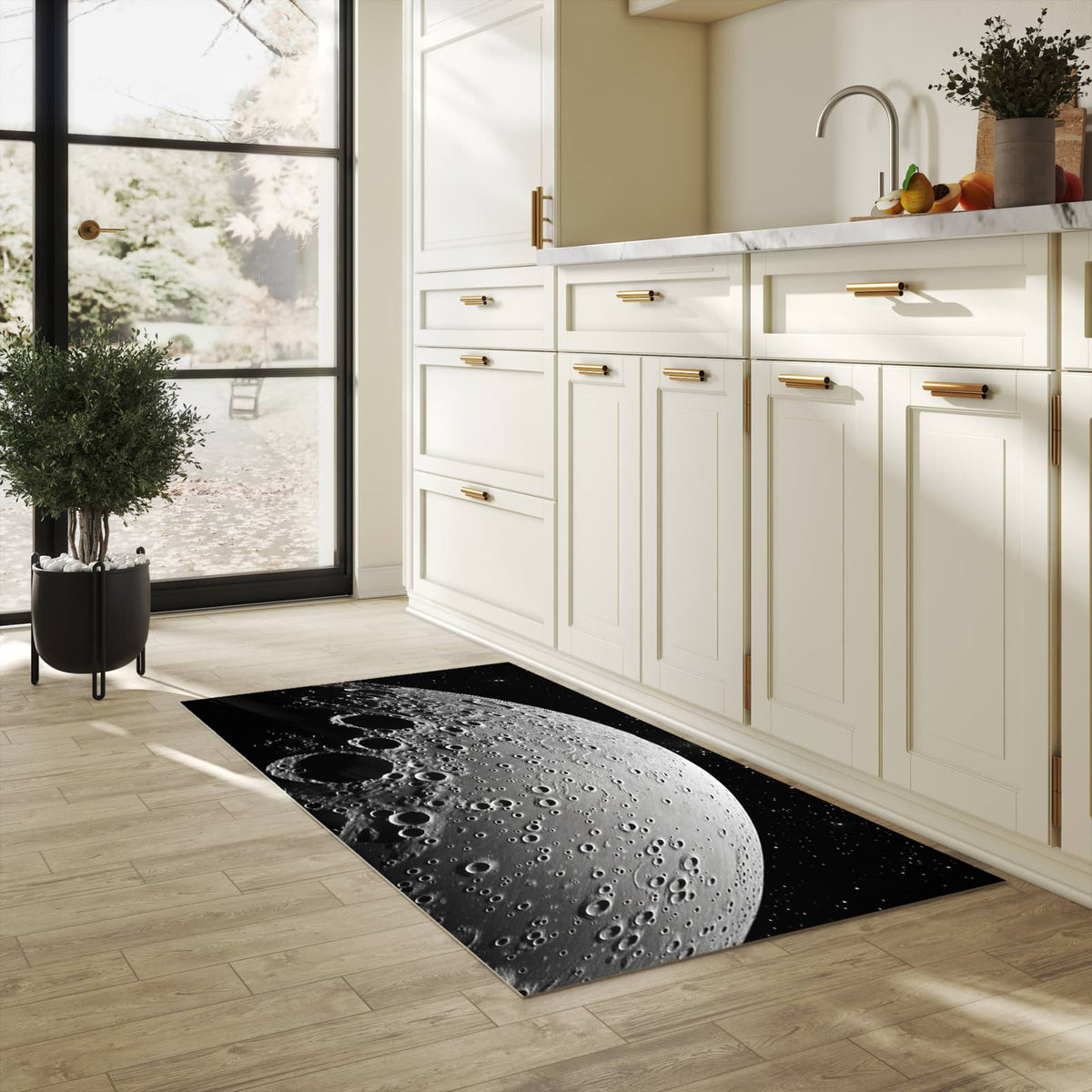 Abriebfester Küchenläufer mit Motiv Mondoberfläche in heller Küche