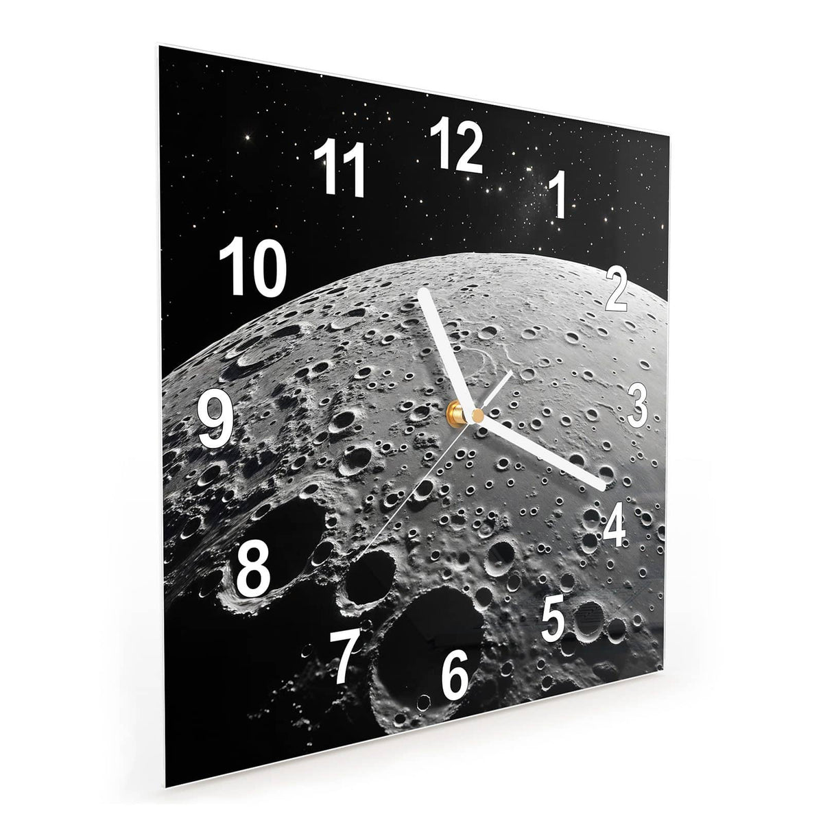 Vormontiert – mit Schwebeeffekt – Wanduhr Mondoberfläche aus Glas – Quadratisch 30 × 30 cm