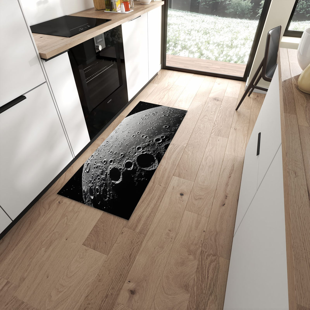 Geräuschdämpfender dünner Teppich mit Motiv Mondoberfläche in moderner Küche #grösse_60 x 150 cm