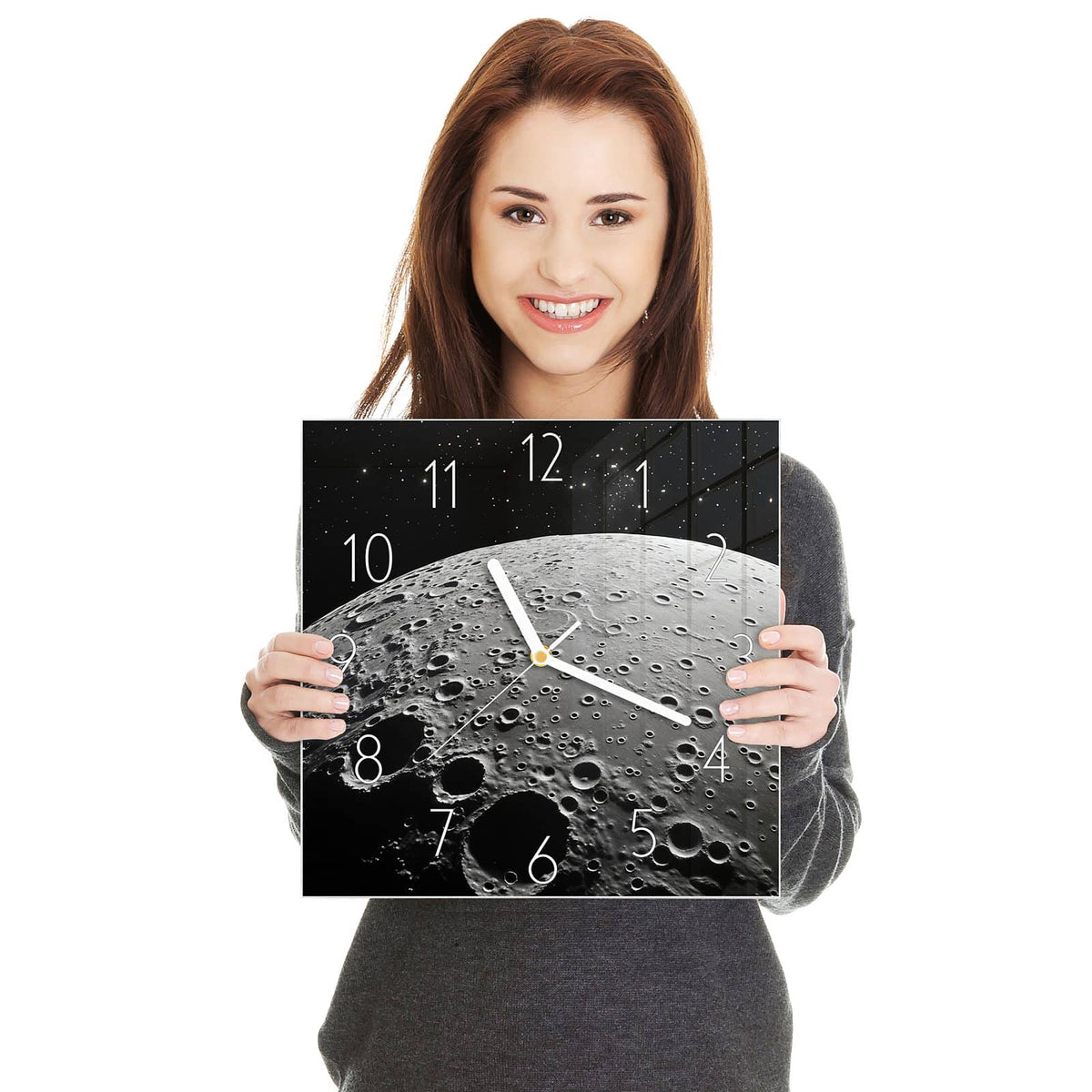 Moderne Wanduhr aus Glas mit Farbtiefe – Wanduhr Mondoberfläche aus Glas – Quadratisch 30 × 30 cm