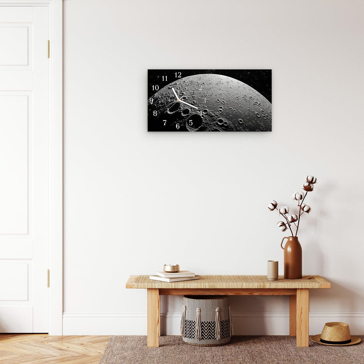 Moderne Wanduhr aus Glas mit Farbtiefe – Wanduhr Mondoberfläche aus Glas – Querformat 60 × 30 cm