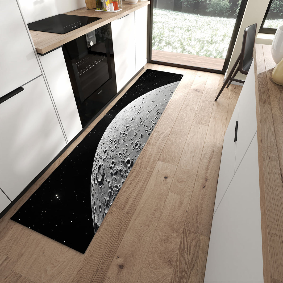 Küchenteppich mit Motiv Mondoberfläche für Trittkomfort in moderner Küche, waschbar