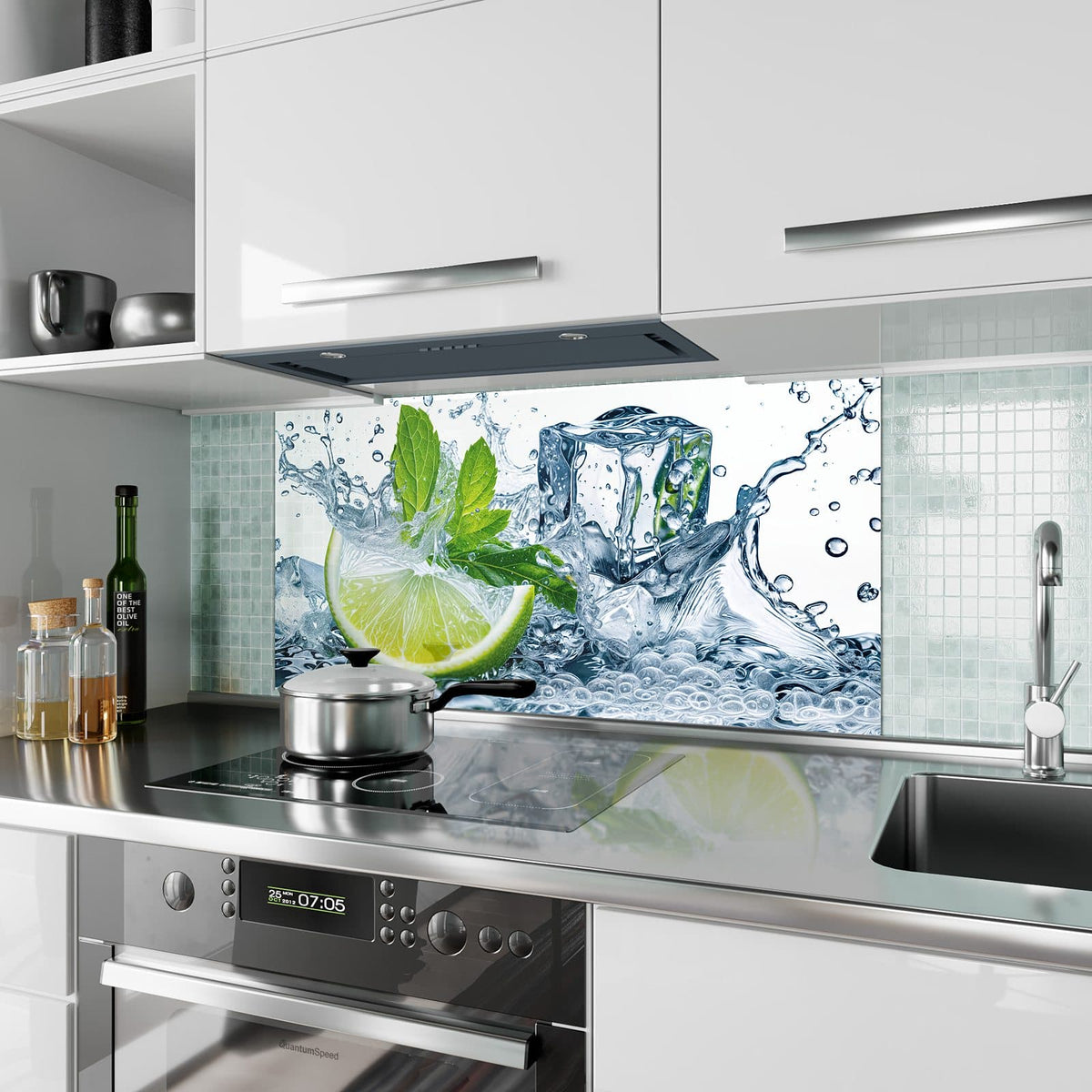 Küchenrückwand aus Glas Limette mit Minze im Hochformat als Spritzschutz hinter dem Kochfeld, über dem Fliesenspiegel montiert