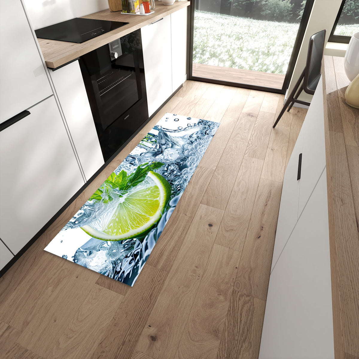 Strapazierfähiger Küchenläufer mit Motiv Limettenspritzer in moderner Küche